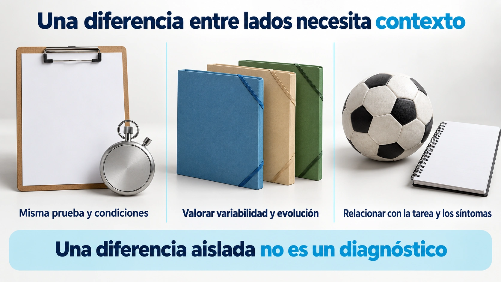 Criterios para interpretar una diferencia entre lados según prueba, evolución, tarea y síntomas.