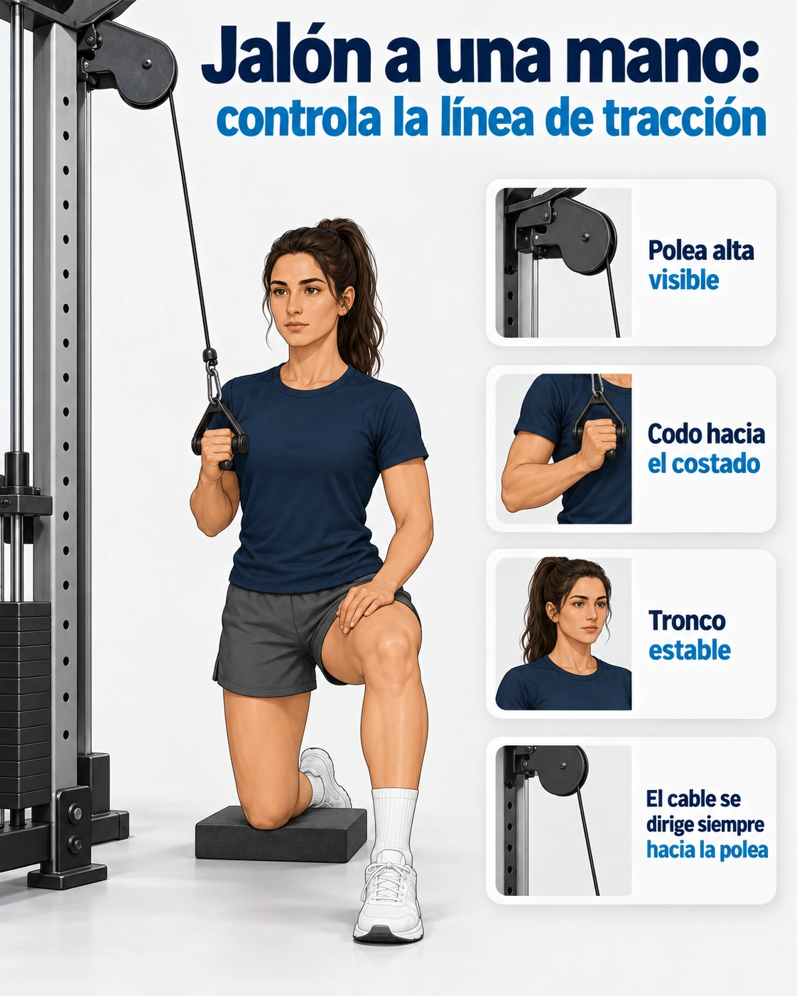 Jalón unilateral en media rodilla con cable tenso hacia una polea alta y tronco estable.
