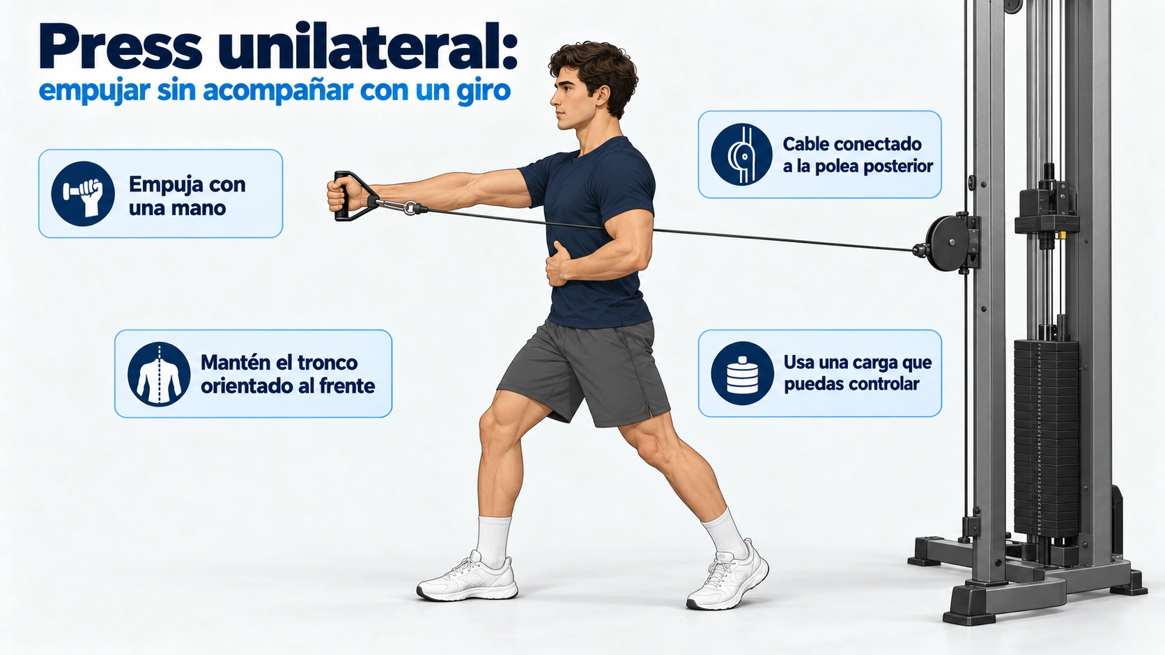 Press unilateral de pecho en polea con apoyo dividido y tronco orientado al frente.