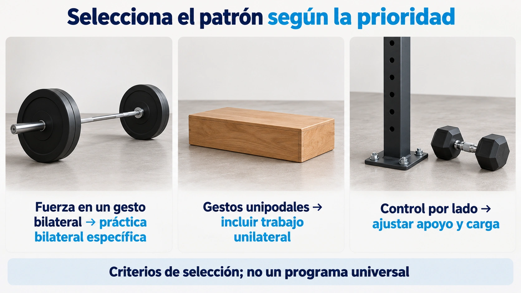 Selección del trabajo bilateral o unilateral según la prioridad de fuerza, gesto y control.