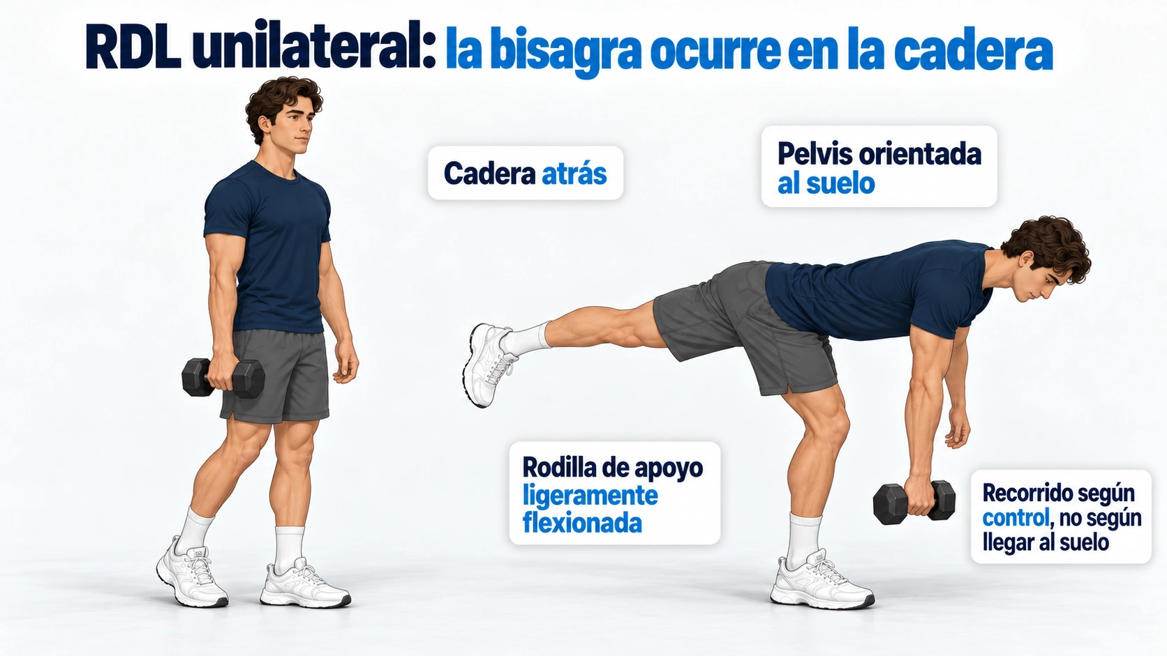 Dos fases del peso muerto rumano unilateral con bisagra de cadera y rodilla de apoyo ligeramente flexionada.