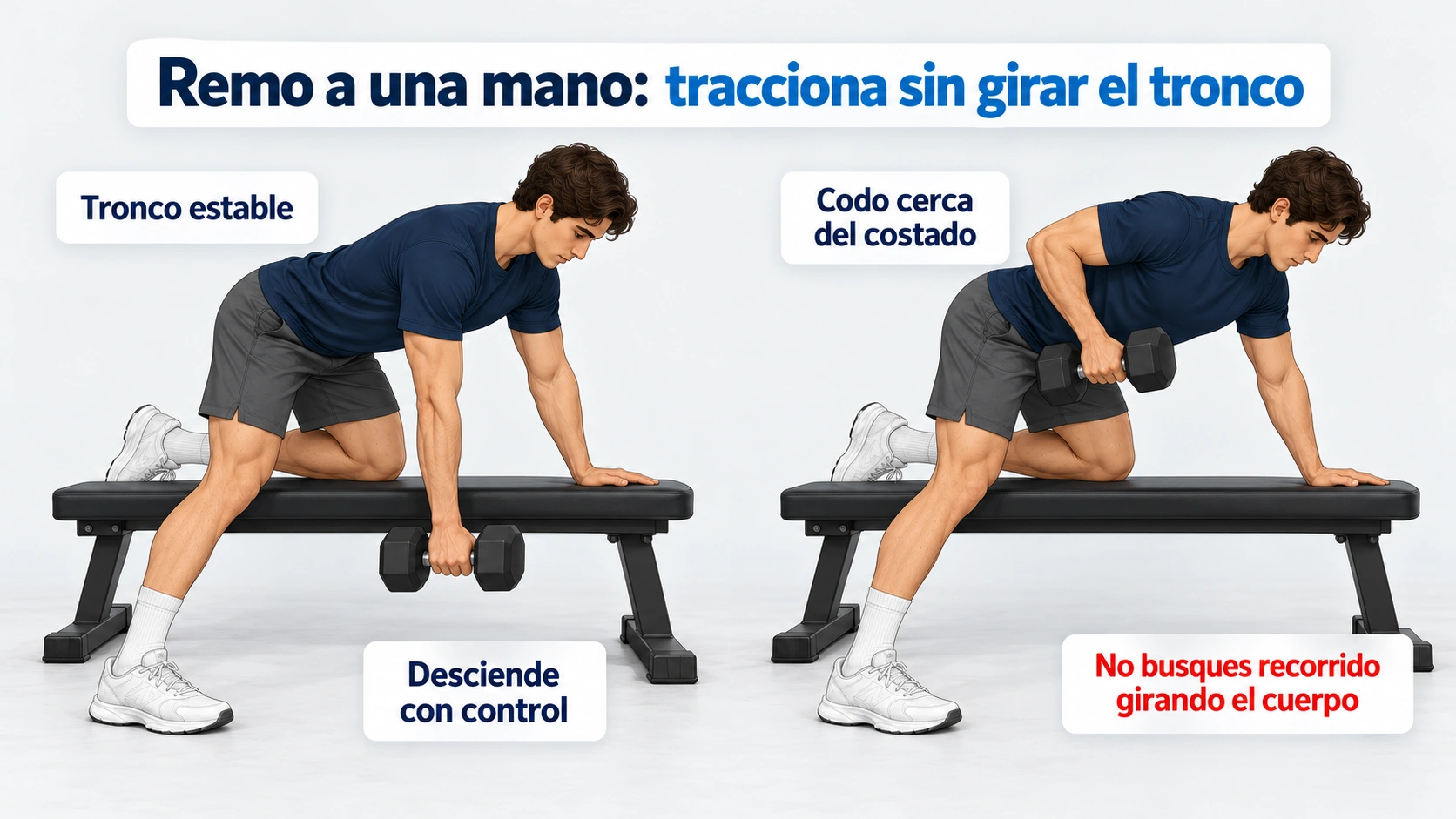 Remo unilateral con mancuerna y apoyo de mano y rodilla en banco en dos fases.