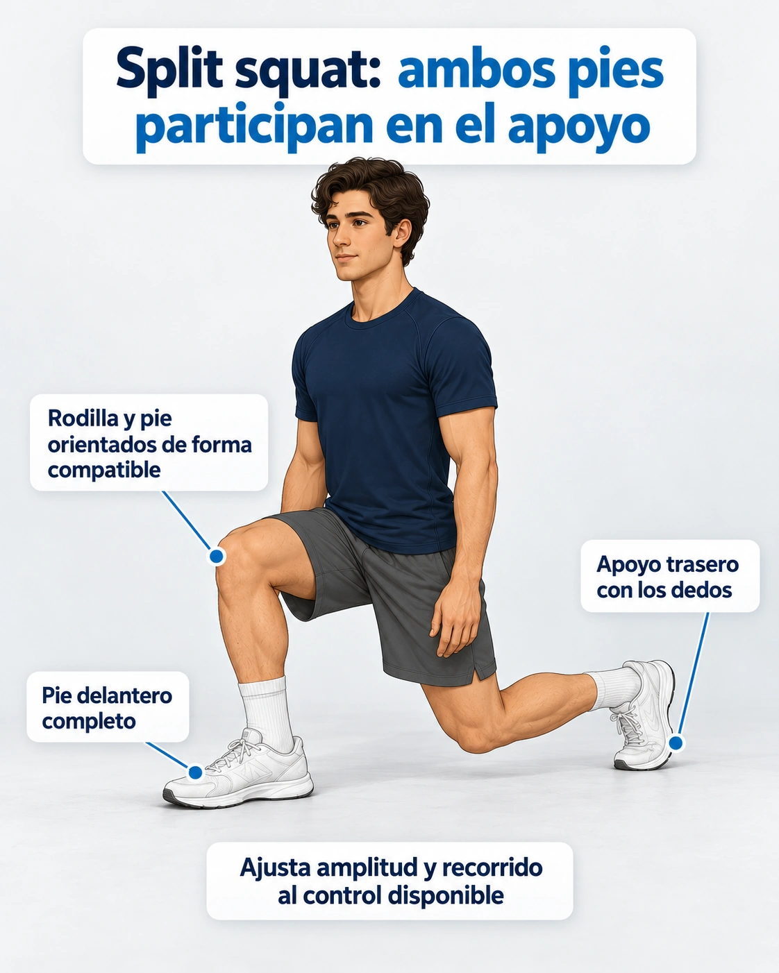 Split squat con pie delantero completo y apoyo trasero sobre los dedos.