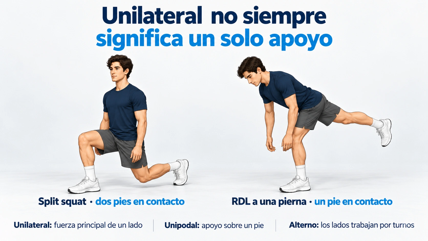 Split squat con dos pies en contacto y RDL con un solo apoyo para distinguir unilateral, unipodal y alterno.