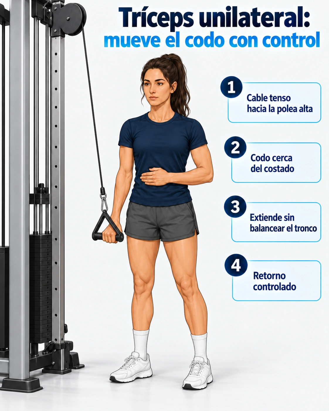 Extensión unilateral de tríceps con una mano en el asa y la mano libre sobre el abdomen.