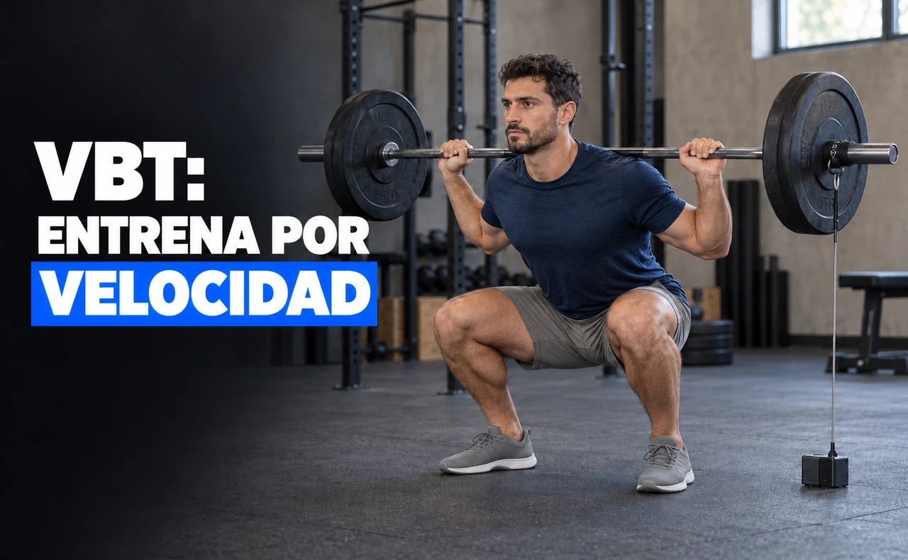 Deportista joven realizando una sentadilla con barra conectada a un encoder lineal en el suelo, con el titular «VBT: entrena por velocidad».
