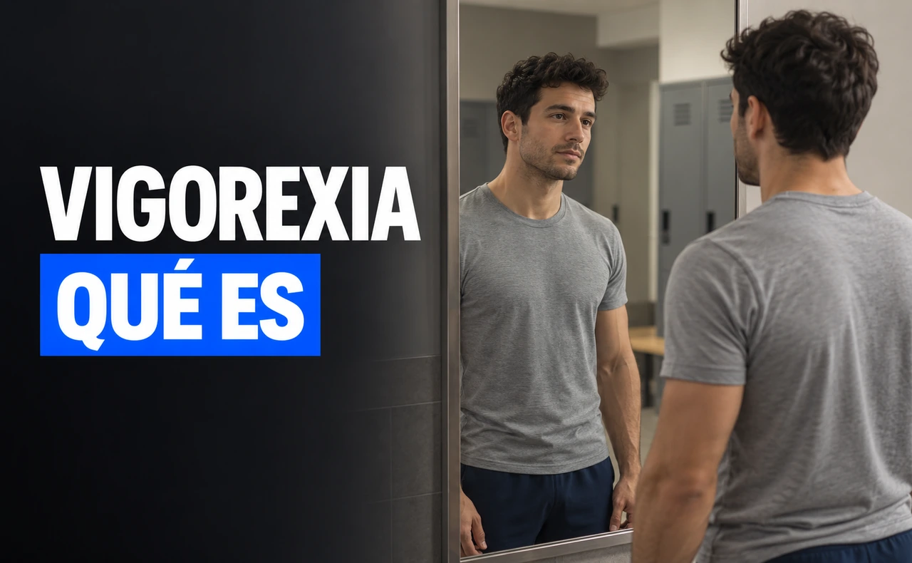 Deportista joven mirando su reflejo en un espejo, junto al titular «Vigorexia: qué es».