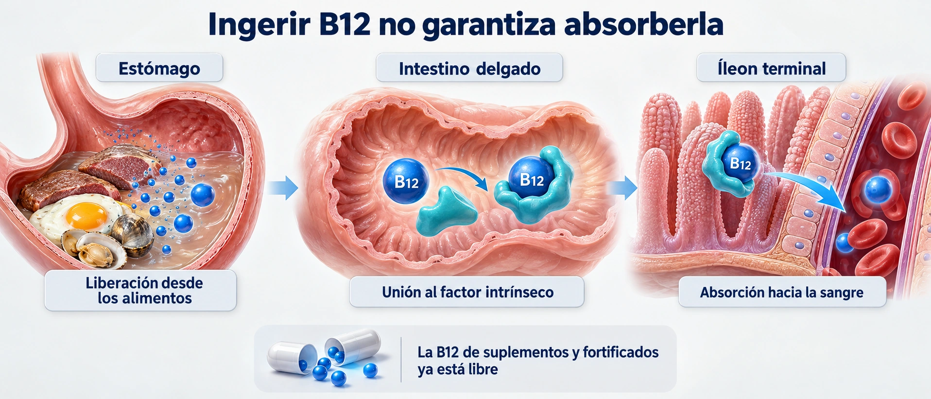 La absorción alimentaria requiere liberación, factor intrínseco e íleon terminal.