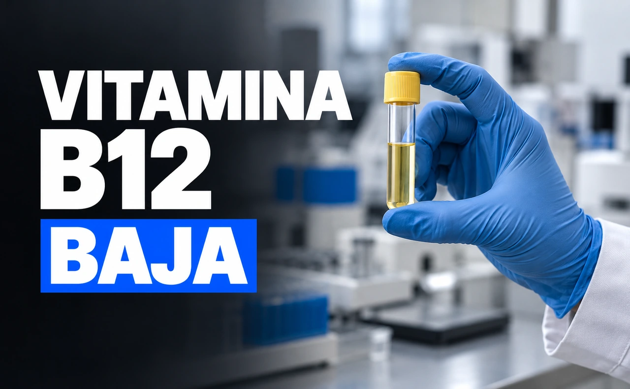 Mano con guante azul sosteniendo un tubo de muestra con tapón amarillo en un laboratorio, junto al titular «Vitamina B12 baja».