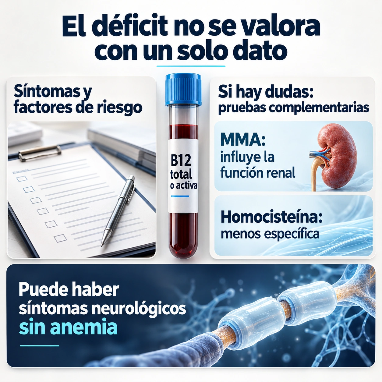 La clínica, riesgos y analítica se integran; MMA y homocisteína requieren contexto.