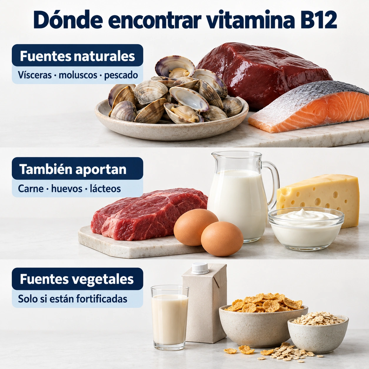Las fuentes naturales son animales; en vegetales se necesita fortificación.