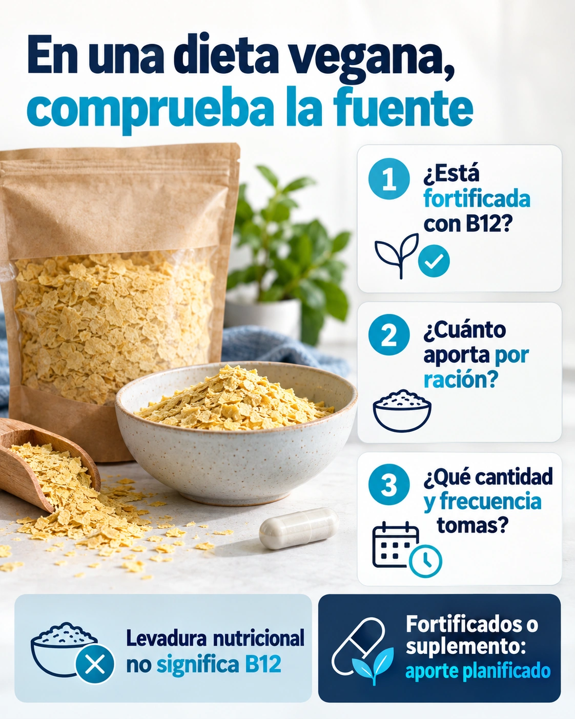 Un producto vegetal solo aporta B12 fiable si está fortificado y se verifica la ración.