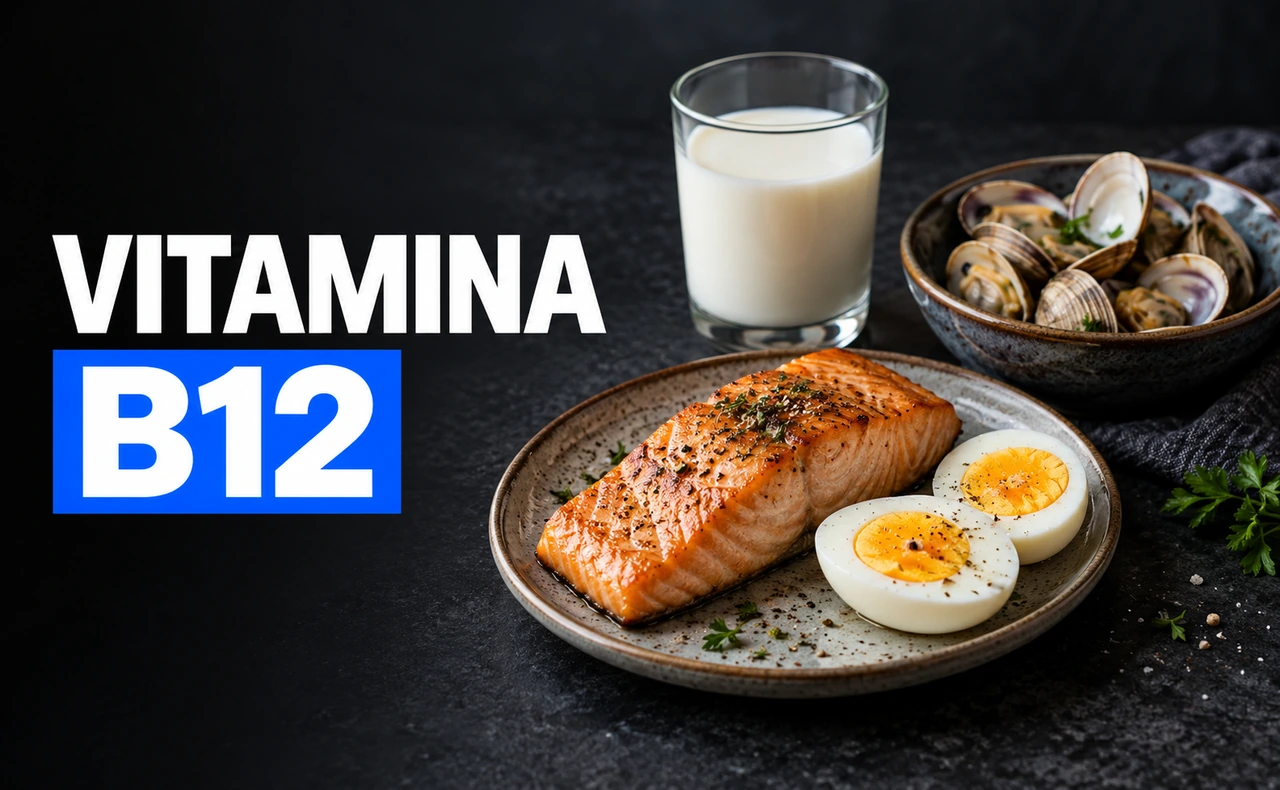 Salmón, huevo, leche y almejas sobre una mesa oscura junto al titular «Vitamina B12».
