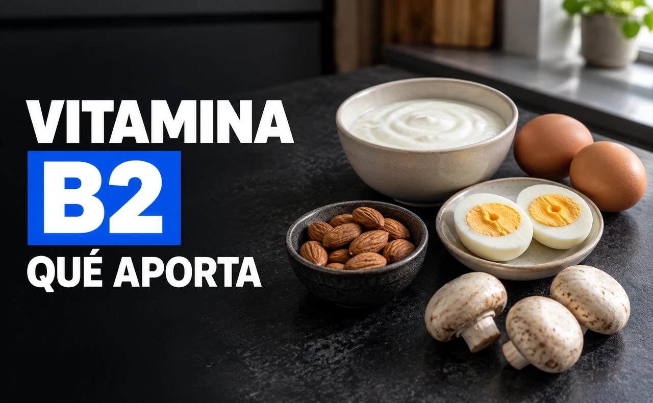 Huevos, yogur natural, almendras y champiñones sobre una encimera oscura, junto al titular «Vitamina B2: qué aporta».