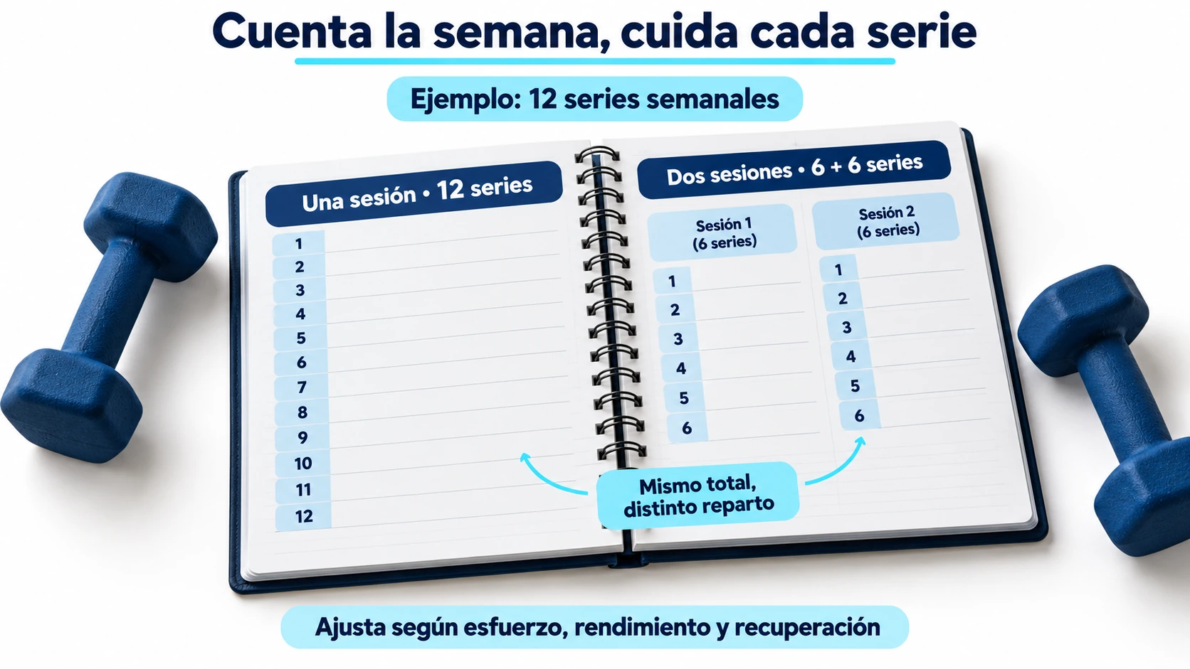 Ejemplo de doce series semanales concentradas en una sesión o repartidas en dos sesiones de seis.