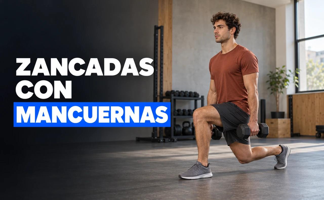 Hombre joven y atlético en la posición baja de una zancada con una mancuerna en cada mano, junto al titular «Zancadas con mancuernas».
