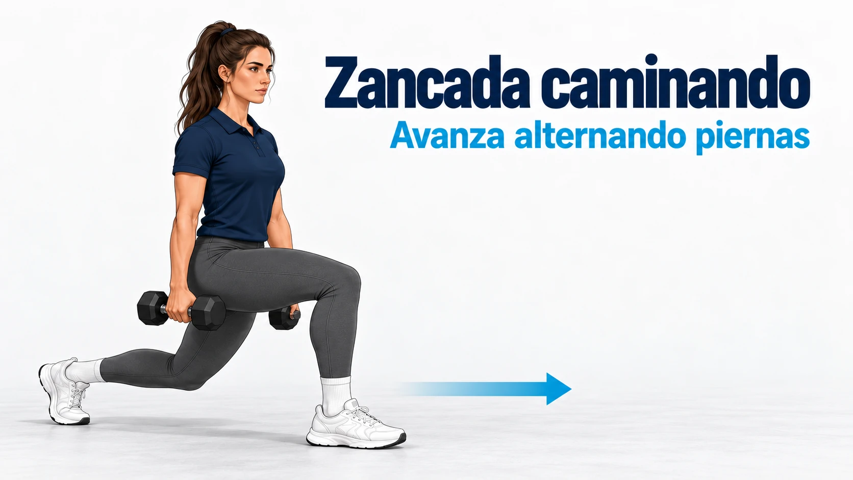 Zancada caminando con mancuernas y una flecha que indica el avance al alternar las piernas.