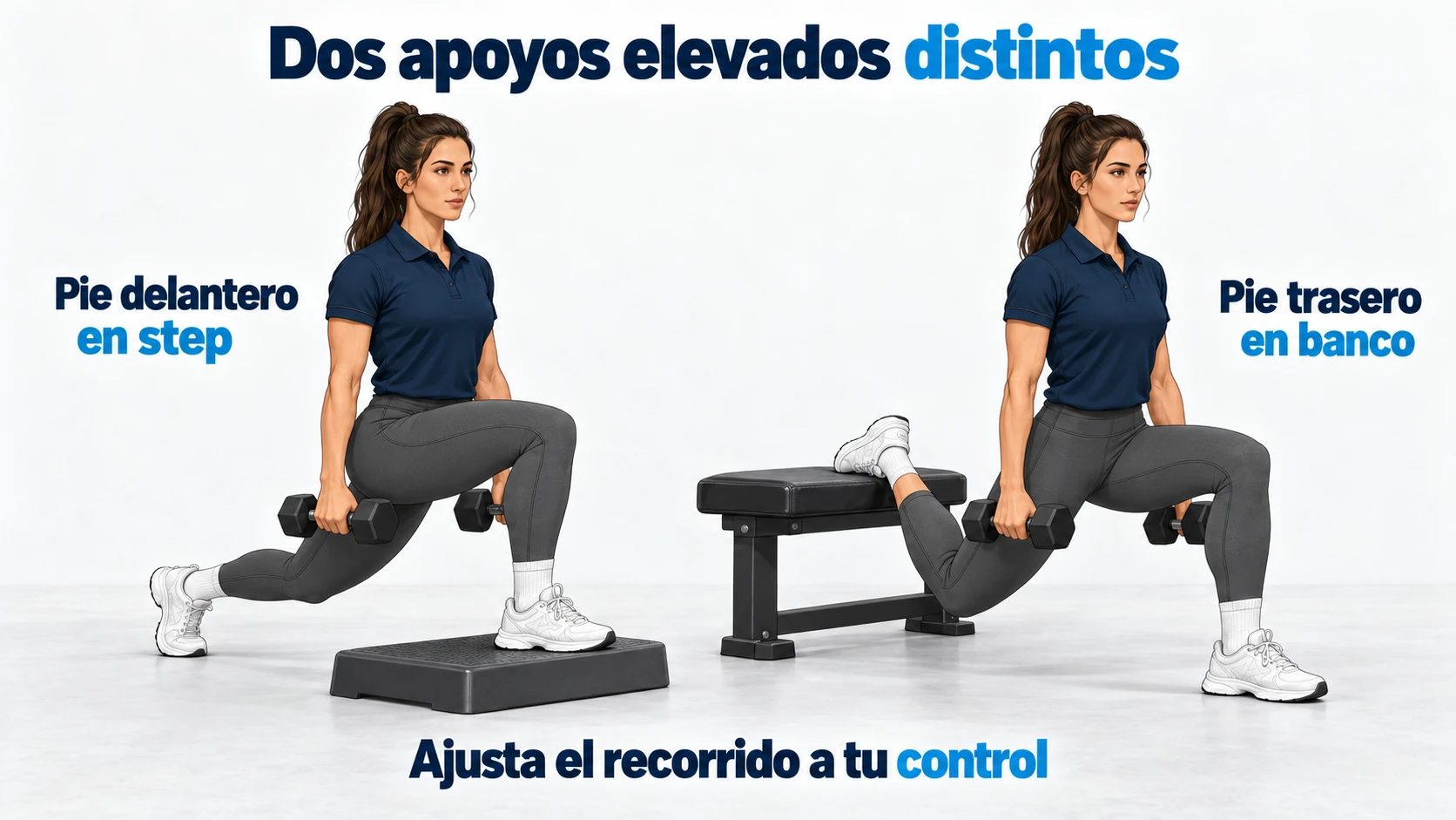 Comparación entre una zancada con el pie delantero en un step bajo y una sentadilla búlgara con el pie trasero en un banco.