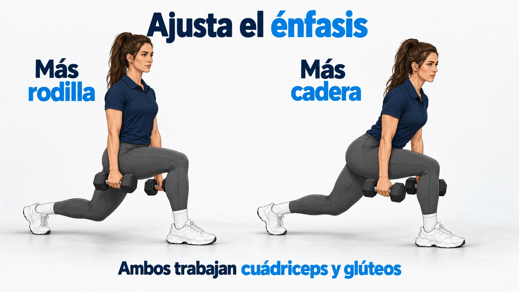Comparación de dos posturas de zancada para cambiar el énfasis entre rodilla y cadera, trabajando en ambas cuádriceps y glúteos.