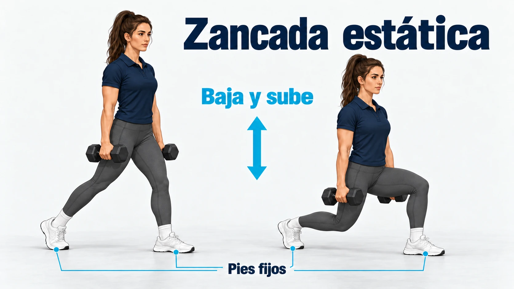 Posiciones alta y baja de una zancada estática con mancuernas, manteniendo los pies en el mismo lugar.