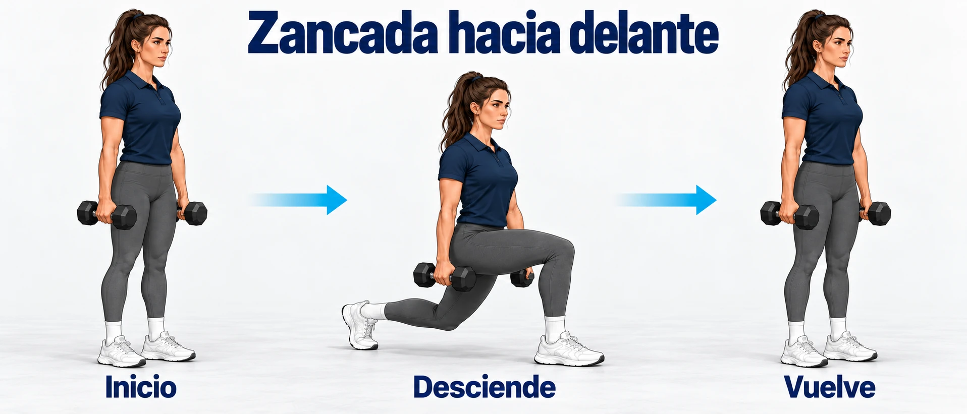 Tres fases de una zancada hacia delante con mancuernas: posición inicial, descenso controlado y retorno.