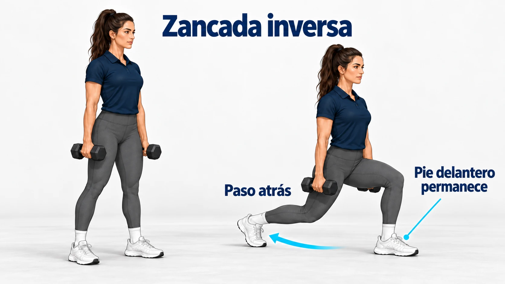 Zancada inversa con un paso hacia atrás mientras el pie delantero permanece apoyado.