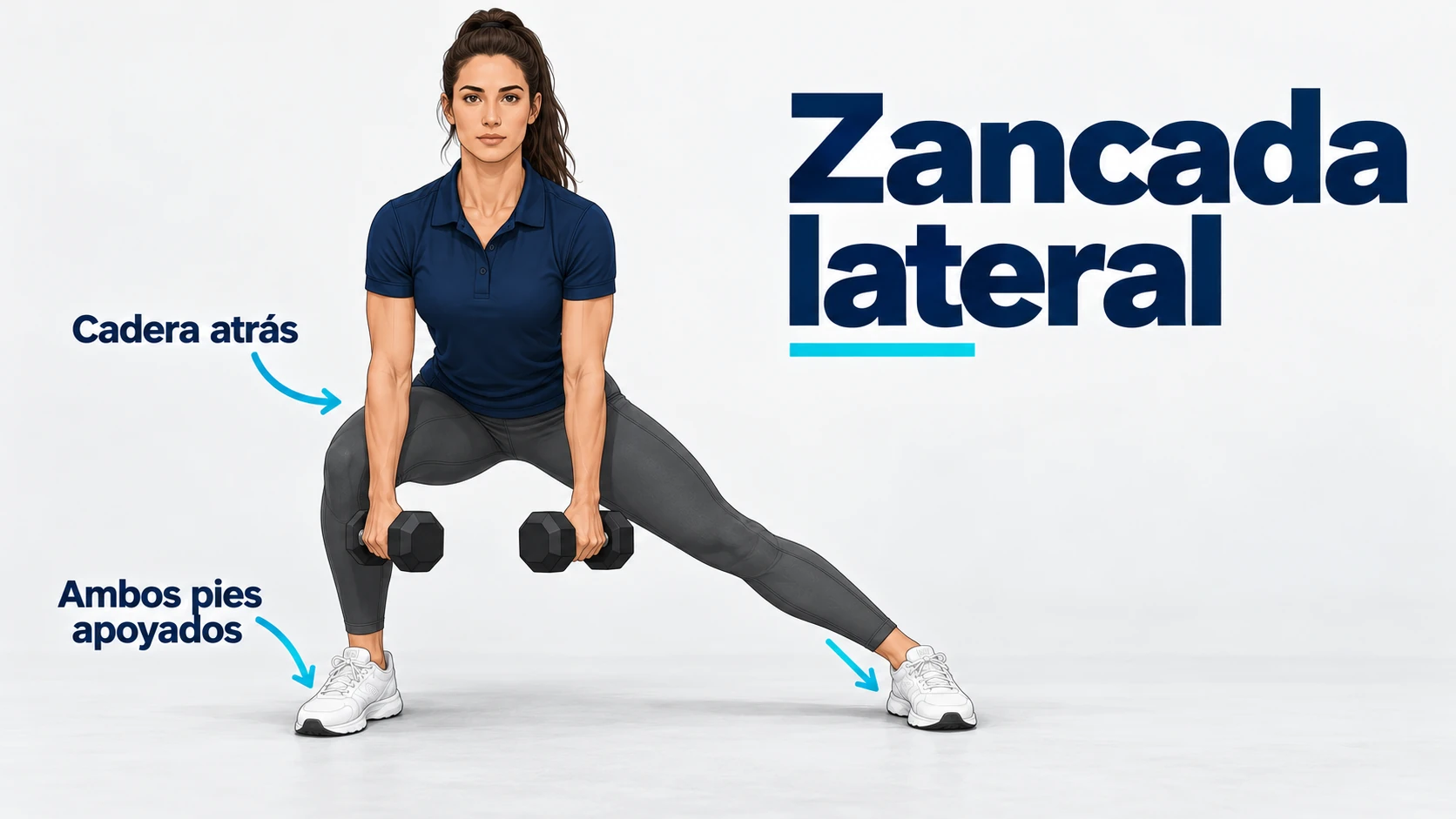 Zancada lateral con mancuernas, desplazando la cadera atrás y manteniendo ambos pies apoyados.