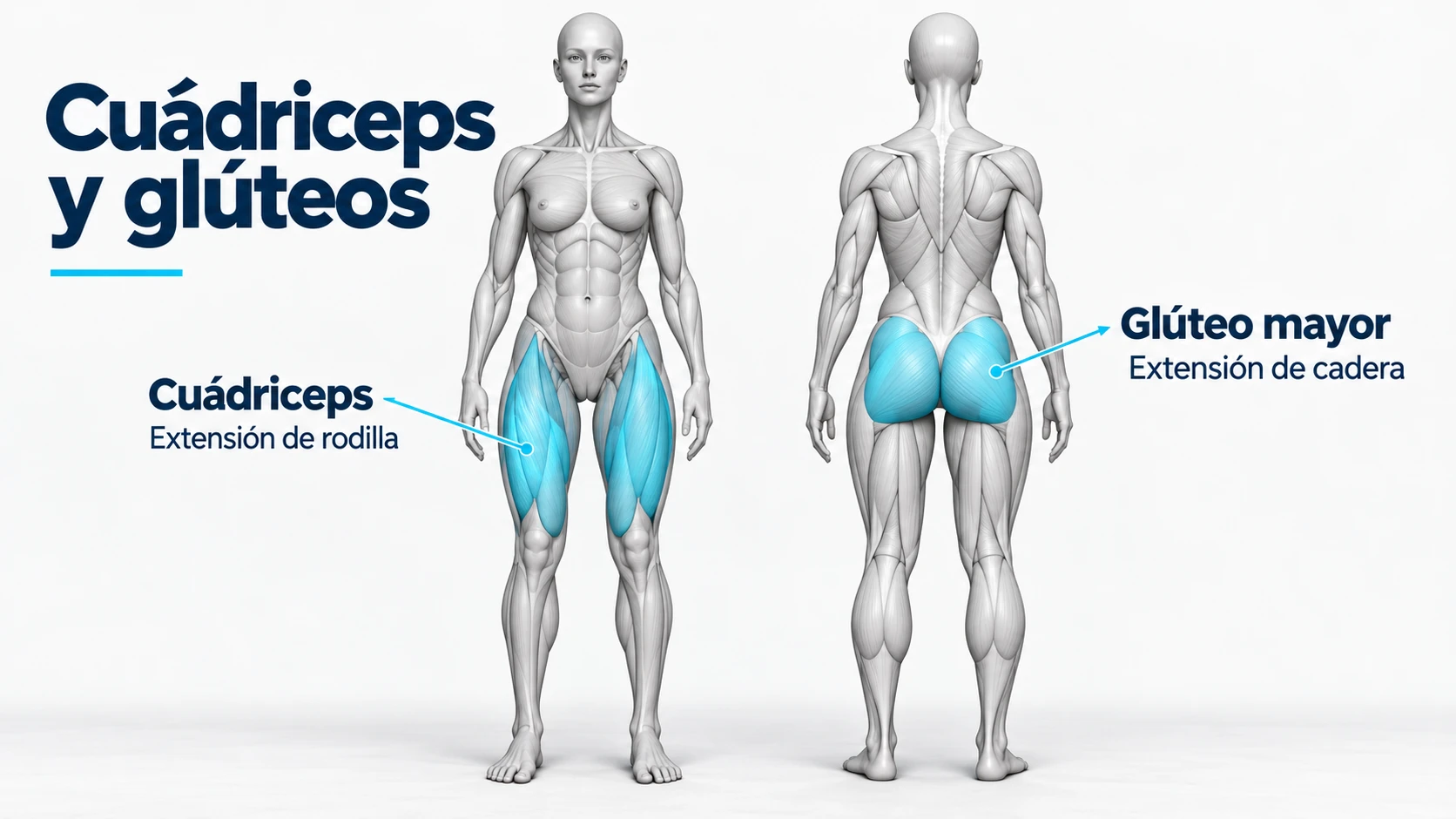 Vista anterior del cuádriceps y posterior del glúteo mayor, con sus funciones de extensión de rodilla y cadera.