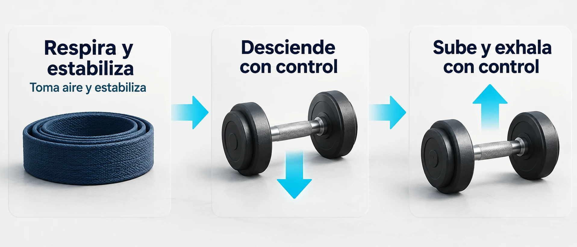 Secuencia de respiración en la zancada: tomar aire y estabilizar, descender con control y exhalar al subir.