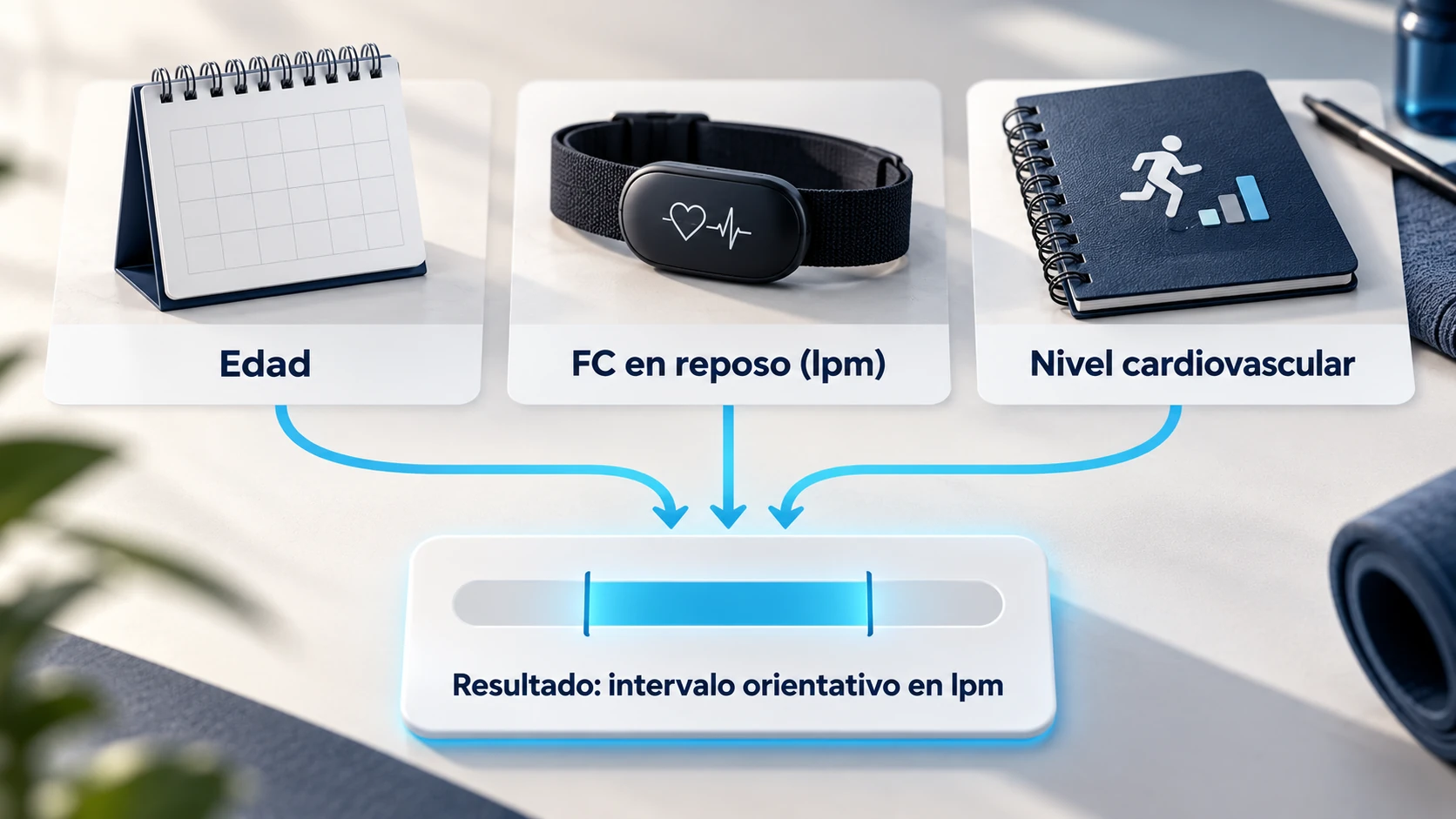 La calculadora usa edad, pulso en reposo y nivel cardiovascular para estimar un intervalo.