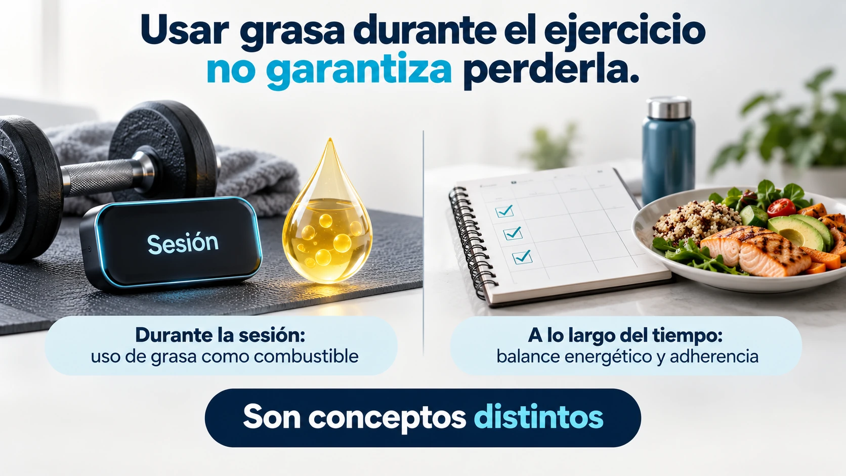 La oxidación de grasa durante una sesión y la pérdida de grasa corporal sostenida son resultados distintos.