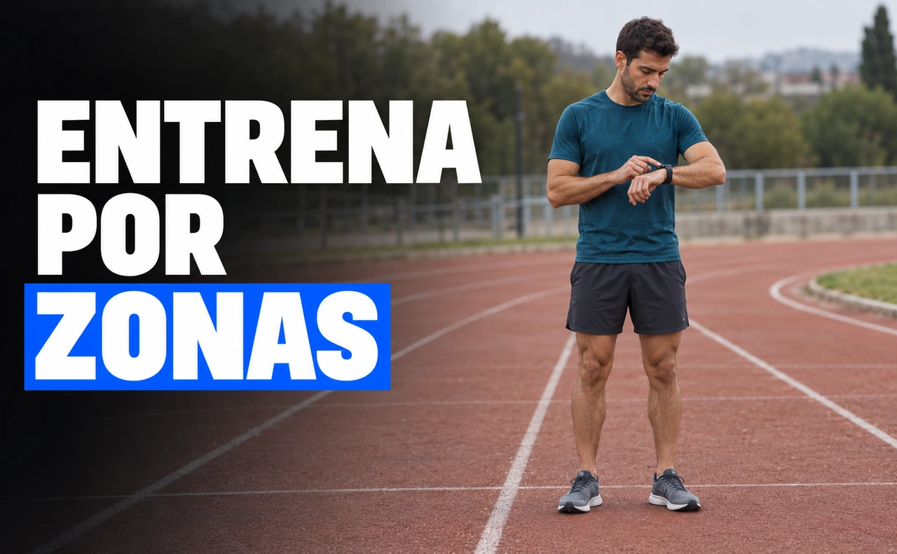 Corredor joven consultando su reloj deportivo en una pista de atletismo, junto al titular «Entrena por zonas».